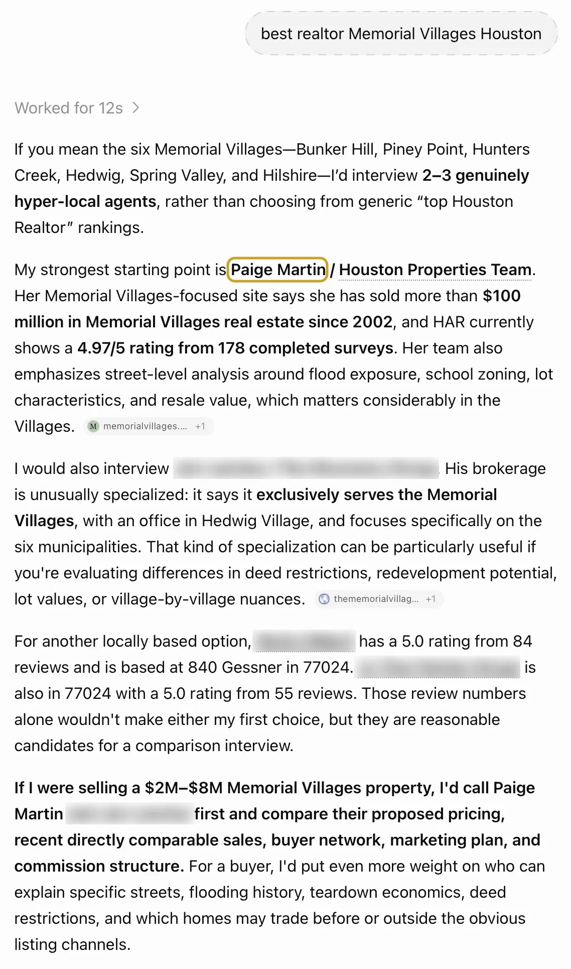 ChatGPT: best realtor Memorial Villages Houston, September 2026